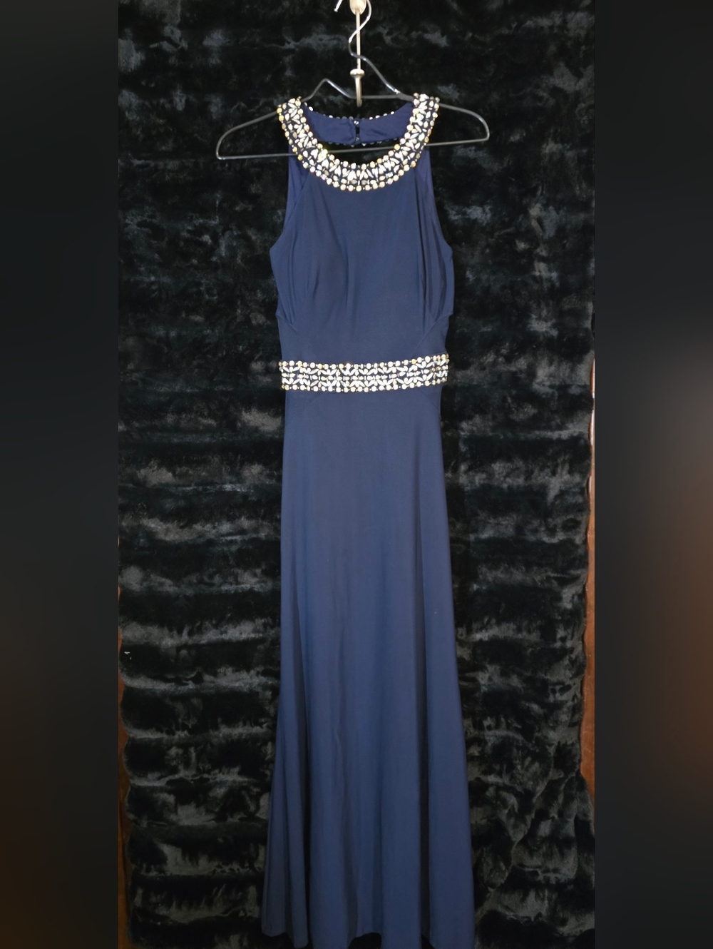 B Darlin Navy Blue Sleeveless Maxi Dress with Flowing Skirt